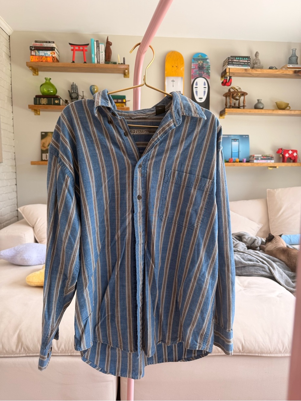 St. John’s Bay Blue Brown Striped Cotton Button Down Shirt L